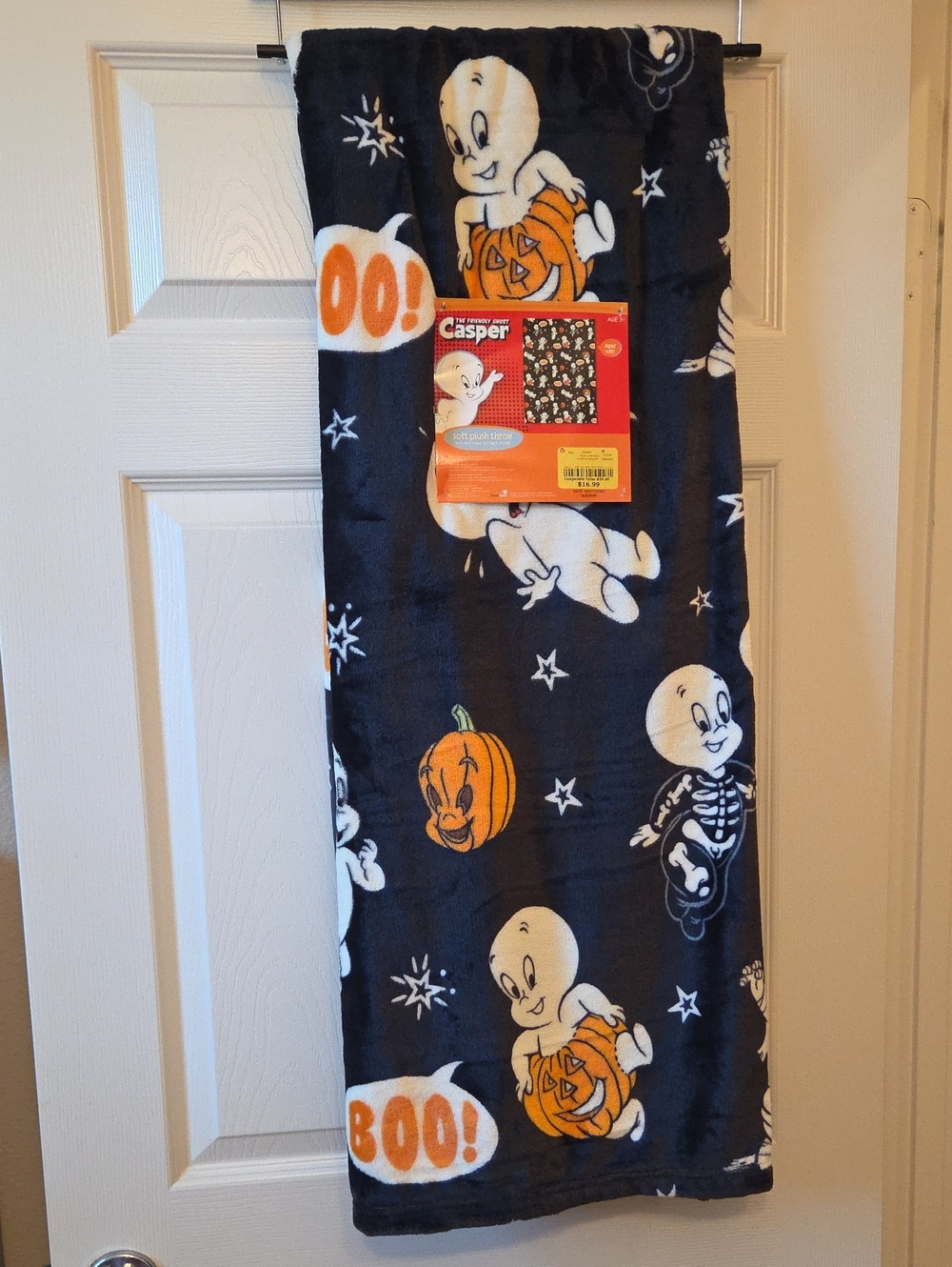 Casper Halloween Plush Throw Blanket - Black with Orange & White Casper Prints